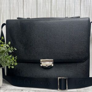 Louis Quatorze Black Leather Messenger Bag Crossbody Briefcase Satchel Laptop Wo